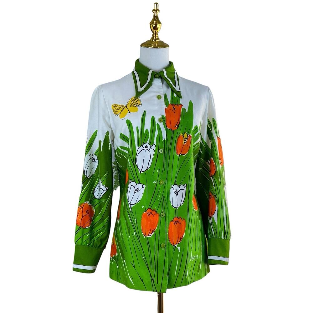 Vintage 60s Vera Neumann 100% Cotton Green Tulip Butterfly Blouse Women's Size M